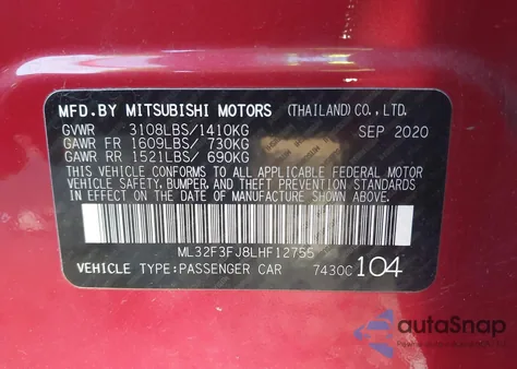 2020 Mitsubishi Mirage G4 Es z USA, uszkodzony, nr VIN ML32F3FJ8LHF12755